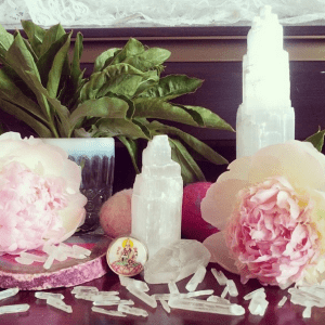 Pink peonies and selenite crystals-Bhakti Creative